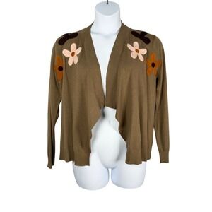 Aaeda‎ Cardigan Sweater Womens Large Olive Flower Open Front Draped Rayon Knit